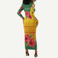 Zimbabwe Flag Map Long Sleeve Bodycon Dress African Tribal Pattern Red Hibiscus Flowers TS04