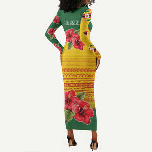 Zimbabwe Flag Map Long Sleeve Bodycon Dress African Tribal Pattern Red Hibiscus Flowers TS04