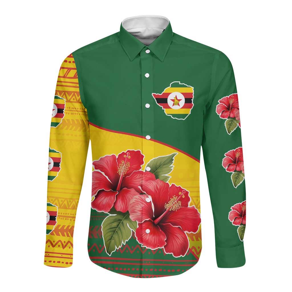 Zimbabwe Flag Map Long Sleeve Button Shirt African Tribal Pattern Red Hibiscus Flowers