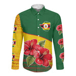 Zimbabwe Flag Map Long Sleeve Button Shirt African Tribal Pattern Red Hibiscus Flowers