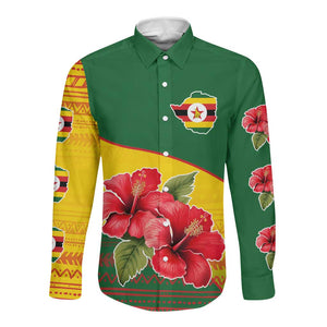 Zimbabwe Flag Map Long Sleeve Button Shirt African Tribal Pattern Red Hibiscus Flowers