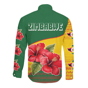 Zimbabwe Flag Map Long Sleeve Button Shirt African Tribal Pattern Red Hibiscus Flowers