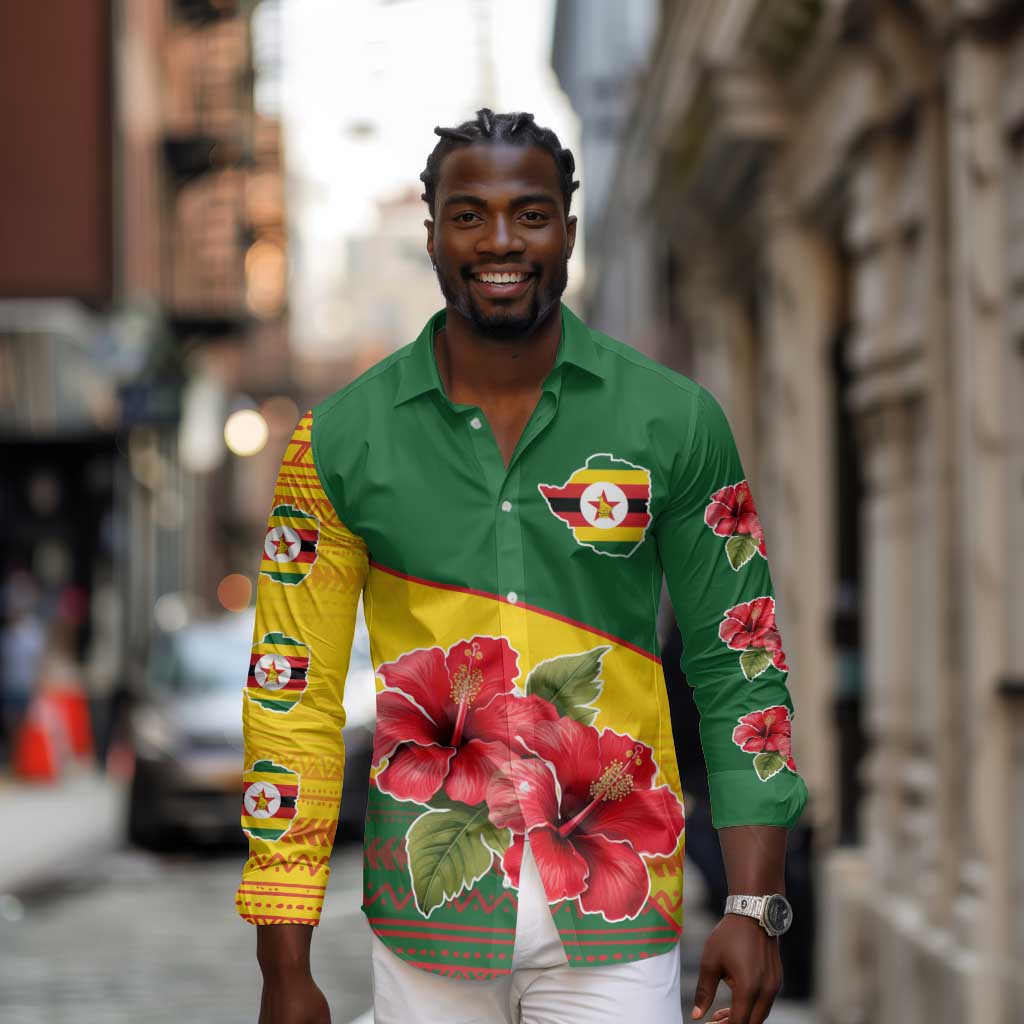 Zimbabwe Flag Map Long Sleeve Button Shirt African Tribal Pattern Red Hibiscus Flowers
