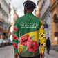 Zimbabwe Flag Map Long Sleeve Button Shirt African Tribal Pattern Red Hibiscus Flowers