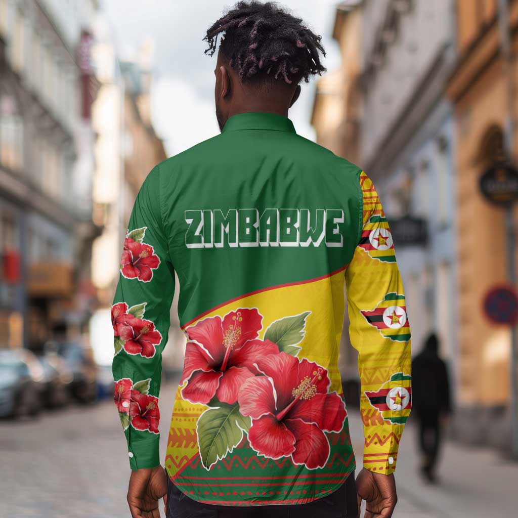 Zimbabwe Flag Map Long Sleeve Button Shirt African Tribal Pattern Red Hibiscus Flowers