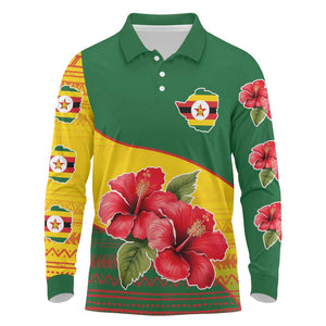 Zimbabwe Flag Map Long Sleeve Polo Shirt African Tribal Pattern Red Hibiscus Flowers