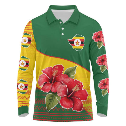 Zimbabwe Flag Map Long Sleeve Polo Shirt African Tribal Pattern Red Hibiscus Flowers