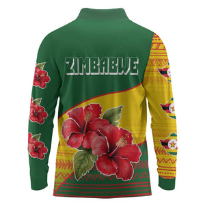 Zimbabwe Flag Map Long Sleeve Polo Shirt African Tribal Pattern Red Hibiscus Flowers