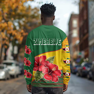 Zimbabwe Flag Map Long Sleeve Shirt African Tribal Pattern Red Hibiscus Flowers