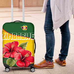 Zimbabwe Flag Map Luggage Cover African Tribal Pattern Red Hibiscus Flowers