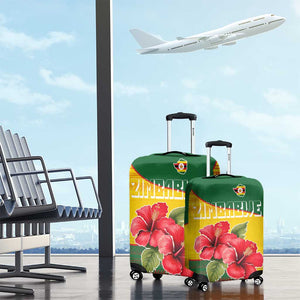 Zimbabwe Flag Map Luggage Cover African Tribal Pattern Red Hibiscus Flowers