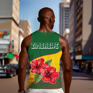 Zimbabwe Flag Map Men Tank Top African Tribal Pattern Red Hibiscus Flowers