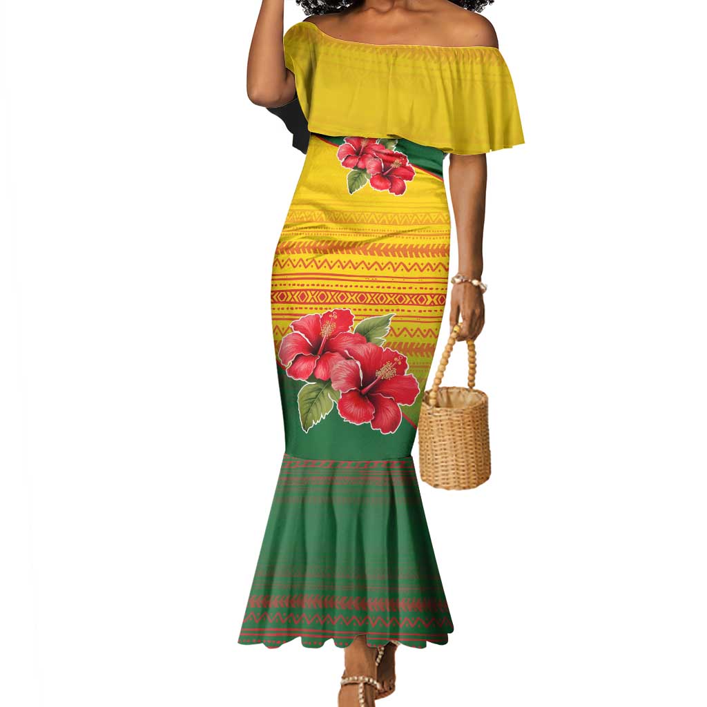 Zimbabwe Flag Map Mermaid Dress African Tribal Pattern Red Hibiscus Flowers