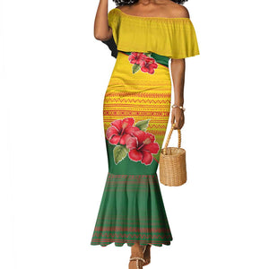 Zimbabwe Flag Map Mermaid Dress African Tribal Pattern Red Hibiscus Flowers