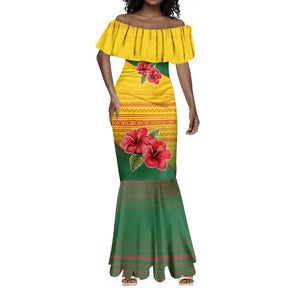 Zimbabwe Flag Map Mermaid Dress African Tribal Pattern Red Hibiscus Flowers