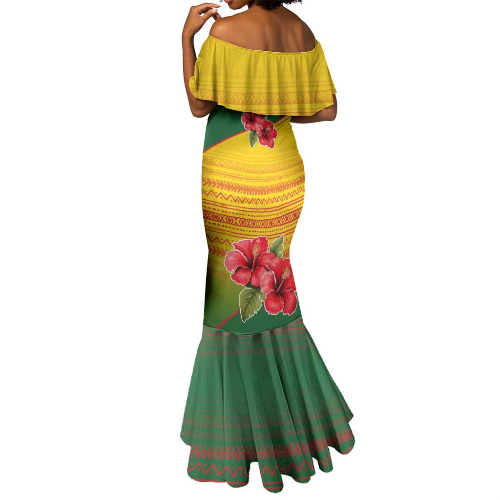 Zimbabwe Flag Map Mermaid Dress African Tribal Pattern Red Hibiscus Flowers