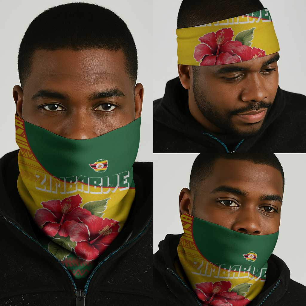 Zimbabwe Flag Map Neck Gaiter African Tribal Pattern Red Hibiscus Flowers TS04