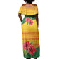 Zimbabwe Flag Map Off Shoulder Maxi Dress African Tribal Pattern Red Hibiscus Flowers