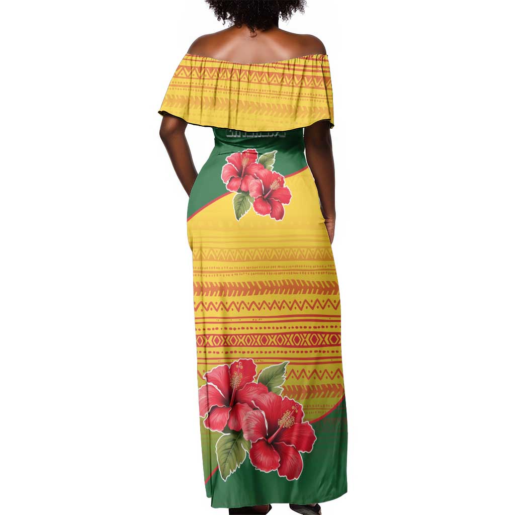 Zimbabwe Flag Map Off Shoulder Maxi Dress African Tribal Pattern Red Hibiscus Flowers