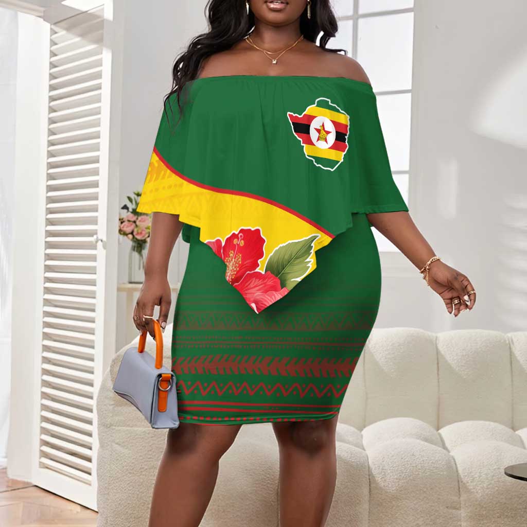 Zimbabwe Flag Map Off Shoulder Short Dress African Tribal Pattern Red Hibiscus Flowers