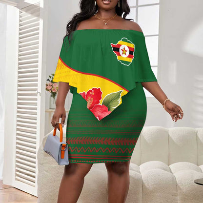 Zimbabwe Flag Map Off Shoulder Short Dress African Tribal Pattern Red Hibiscus Flowers