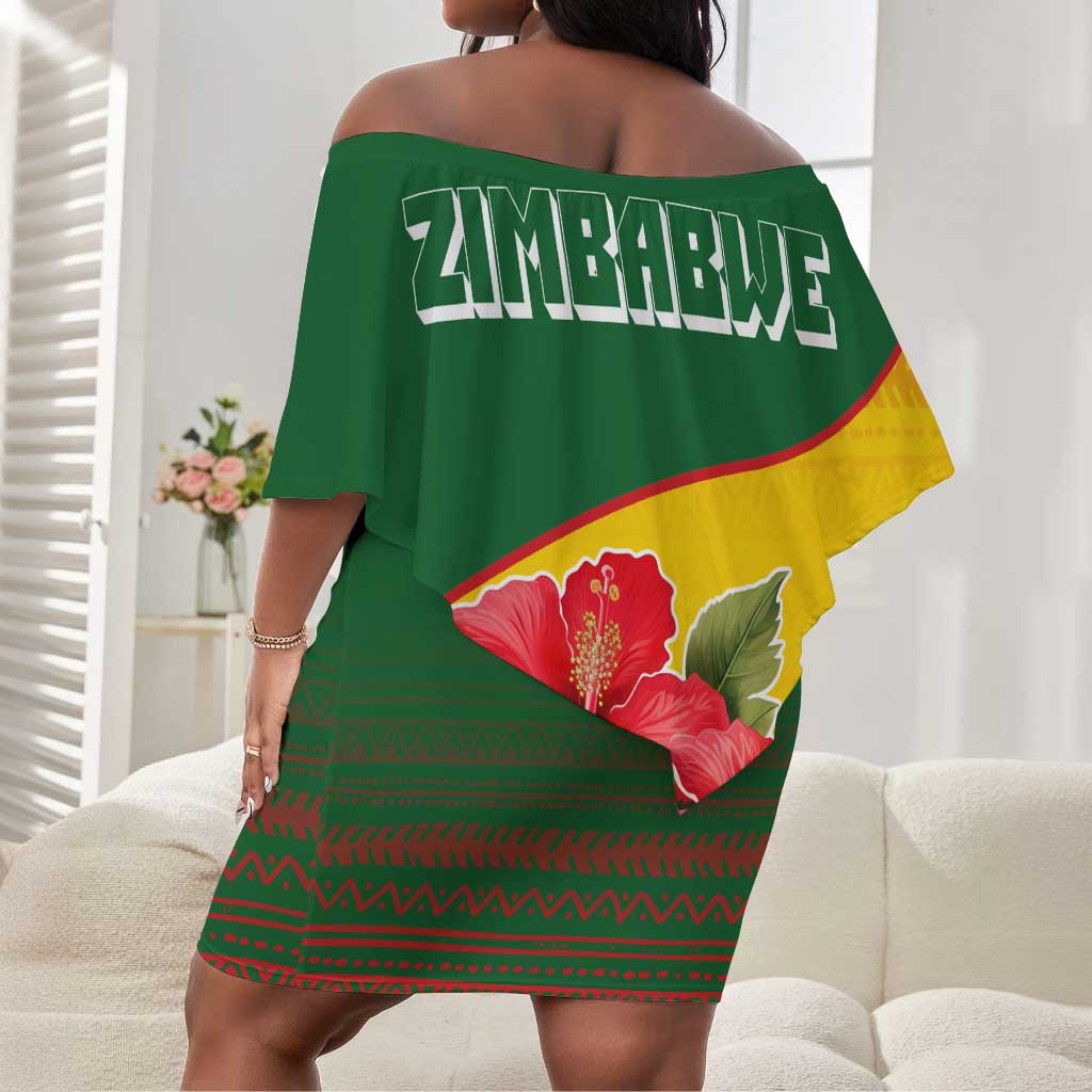 Zimbabwe Flag Map Off Shoulder Short Dress African Tribal Pattern Red Hibiscus Flowers