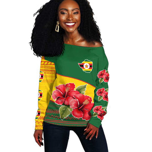 Zimbabwe Flag Map Off Shoulder Sweater African Tribal Pattern Red Hibiscus Flowers