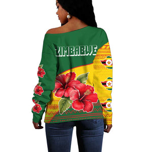Zimbabwe Flag Map Off Shoulder Sweater African Tribal Pattern Red Hibiscus Flowers