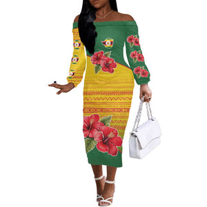 Zimbabwe Flag Map Off The Shoulder Long Sleeve Dress African Tribal Pattern Red Hibiscus Flowers