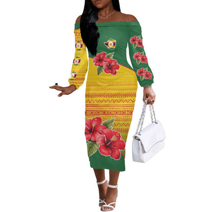 Zimbabwe Flag Map Off The Shoulder Long Sleeve Dress African Tribal Pattern Red Hibiscus Flowers