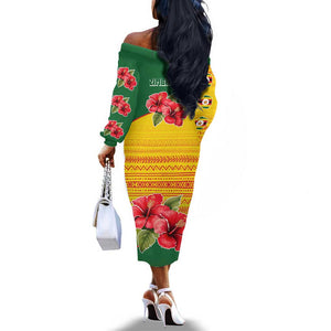 Zimbabwe Flag Map Off The Shoulder Long Sleeve Dress African Tribal Pattern Red Hibiscus Flowers