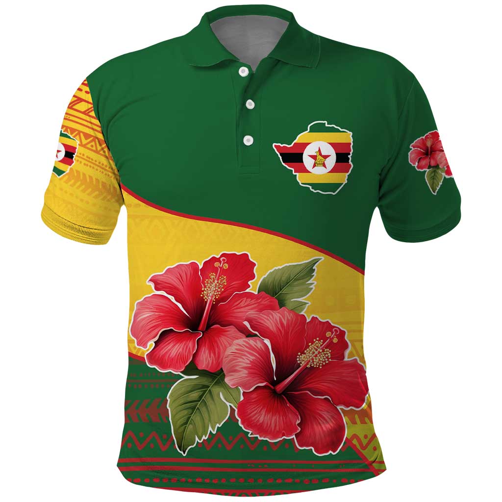 Zimbabwe Flag Map Polo Shirt African Tribal Pattern Red Hibiscus Flowers