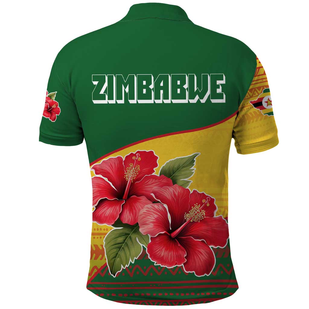 Zimbabwe Flag Map Polo Shirt African Tribal Pattern Red Hibiscus Flowers