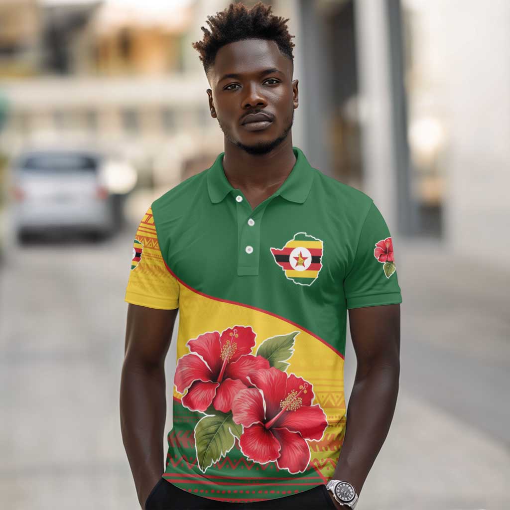 Zimbabwe Flag Map Polo Shirt African Tribal Pattern Red Hibiscus Flowers