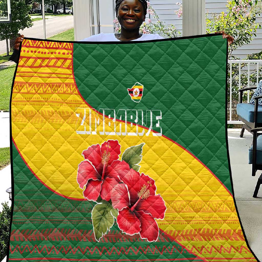 Zimbabwe Flag Map Quilt African Tribal Pattern Red Hibiscus Flowers