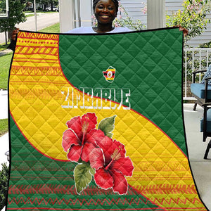 Zimbabwe Flag Map Quilt African Tribal Pattern Red Hibiscus Flowers
