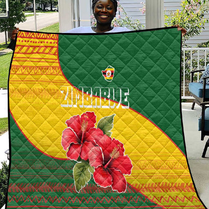 Zimbabwe Flag Map Quilt African Tribal Pattern Red Hibiscus Flowers