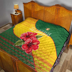 Zimbabwe Flag Map Quilt African Tribal Pattern Red Hibiscus Flowers