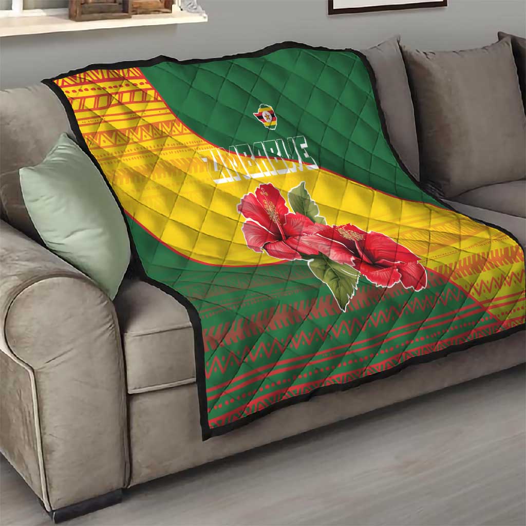 Zimbabwe Flag Map Quilt African Tribal Pattern Red Hibiscus Flowers