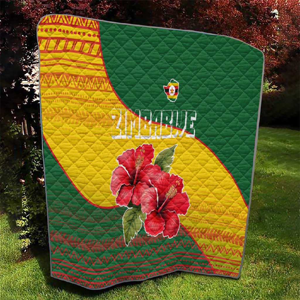 Zimbabwe Flag Map Quilt African Tribal Pattern Red Hibiscus Flowers