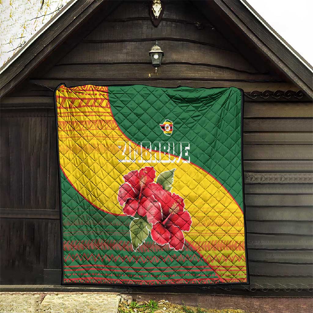Zimbabwe Flag Map Quilt African Tribal Pattern Red Hibiscus Flowers