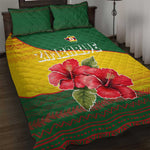 Zimbabwe Flag Map Quilt Bed Set African Tribal Pattern Red Hibiscus Flowers