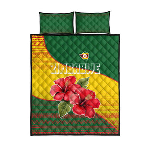 Zimbabwe Flag Map Quilt Bed Set African Tribal Pattern Red Hibiscus Flowers