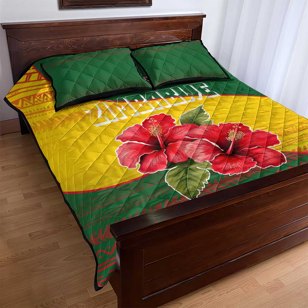 Zimbabwe Flag Map Quilt Bed Set African Tribal Pattern Red Hibiscus Flowers