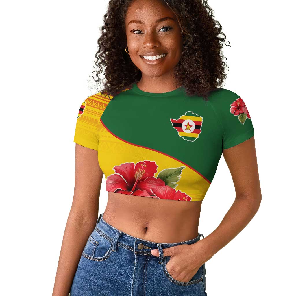 Zimbabwe Flag Map Raglan Cropped T shirt African Tribal Pattern Red Hibiscus Flowers