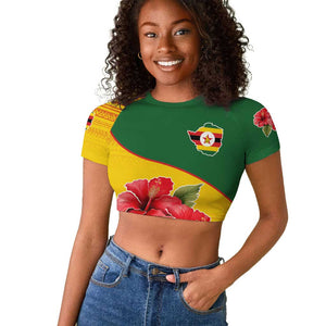 Zimbabwe Flag Map Raglan Cropped T shirt African Tribal Pattern Red Hibiscus Flowers