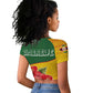 Zimbabwe Flag Map Raglan Cropped T shirt African Tribal Pattern Red Hibiscus Flowers