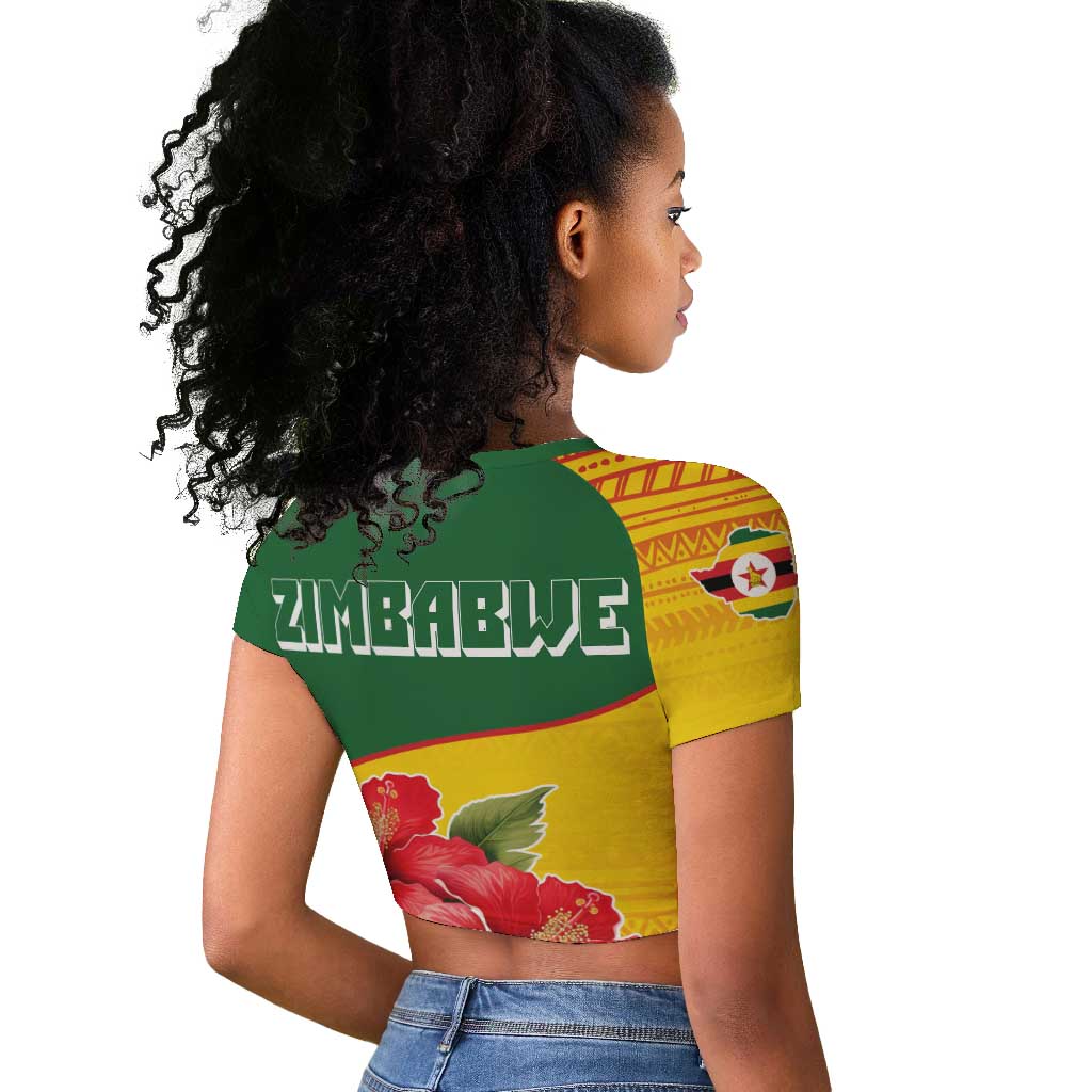 Zimbabwe Flag Map Raglan Cropped T shirt African Tribal Pattern Red Hibiscus Flowers