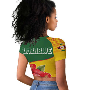 Zimbabwe Flag Map Raglan Cropped T shirt African Tribal Pattern Red Hibiscus Flowers