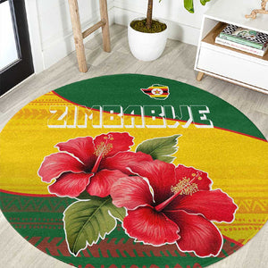 Zimbabwe Flag Map Round Carpet African Tribal Pattern Red Hibiscus Flowers